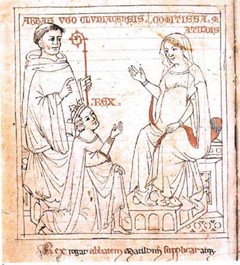 Ugone di Cluny, Enrico IV, Matilde di Canossa. Acta Comitissae Mathildis di Donizone, XIV sec. Reggio Emilia, Biblioteca Panizzi